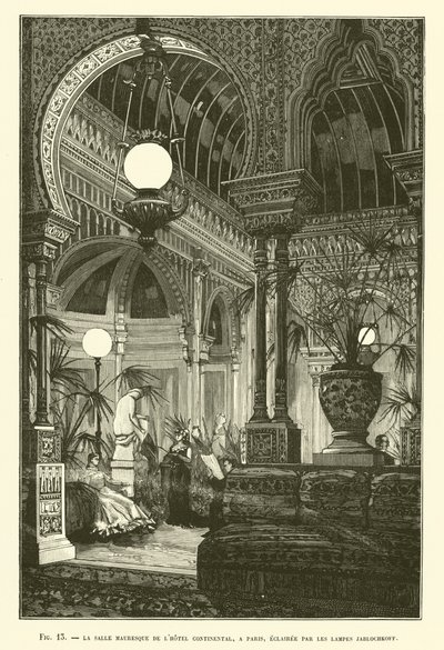 The Moorish Room of the Continental Hotel, Paris, Lit by Jablochkoff Lamps by French School